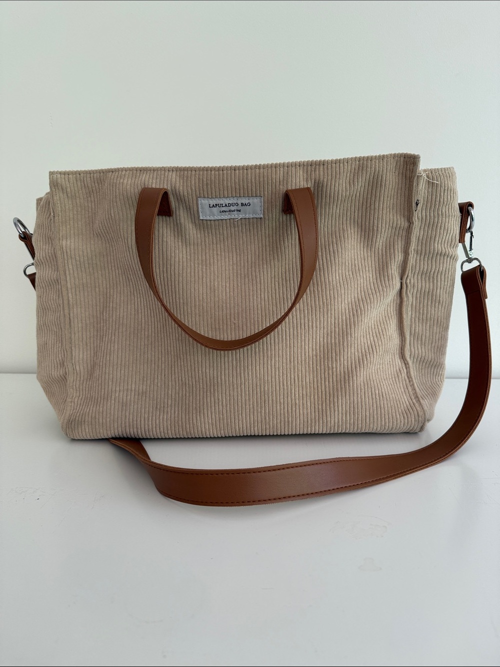 Lapuladuo Bag Beige Corduroy Tote with Brown Strap zip closure